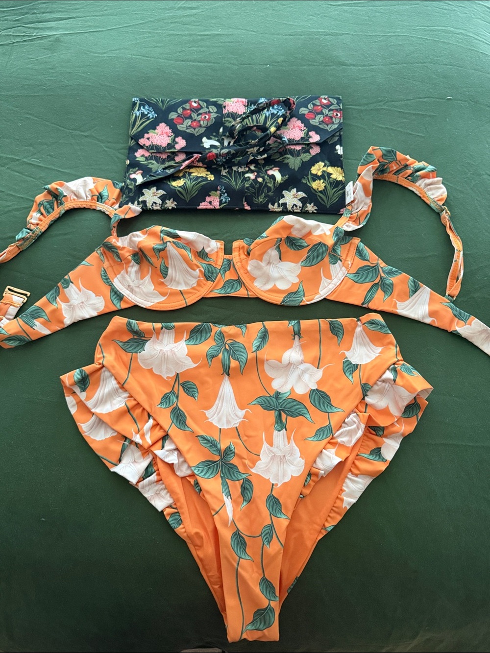Agua Bendita Orange Floral Two-Piece Bikini with White Trumpet Flowers